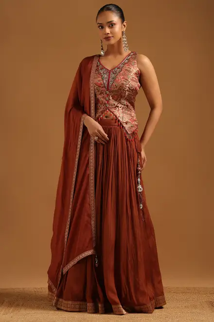 Brown Brocade Botanical With Hand Embroidery and Sequin Details